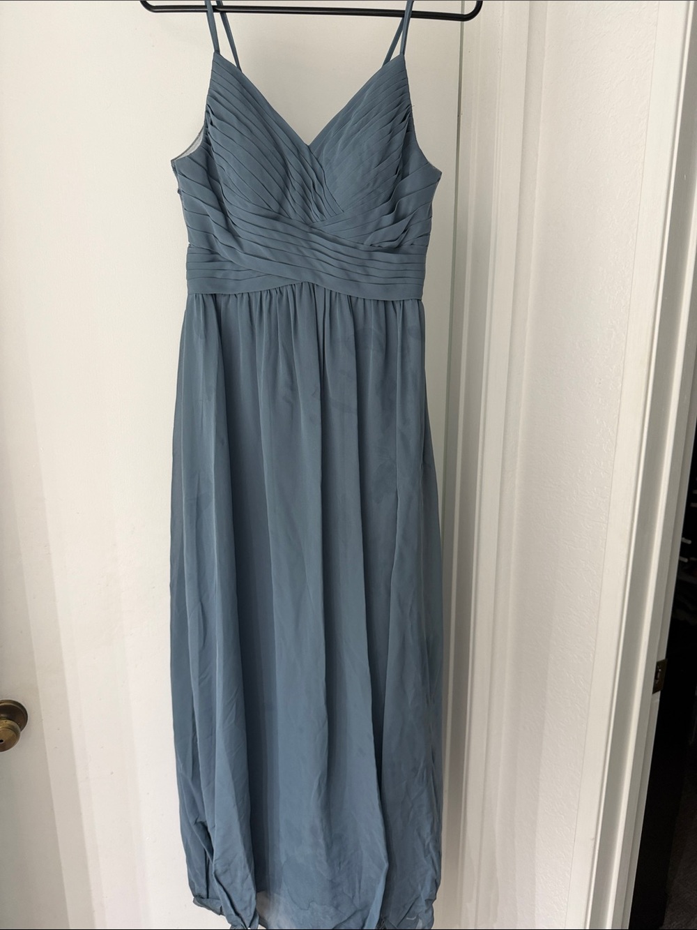 Azazie Dusty Blue Spaghetti Strap Pleated Maxi Dress